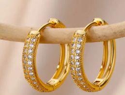 Zircon Circle Hoop Earrings 18K, gold tone, front view