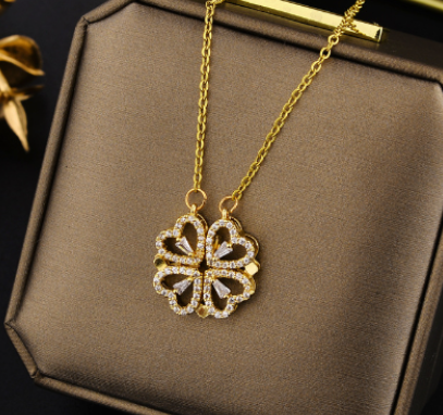 Clover and Heart Necklace, gold tone, front view