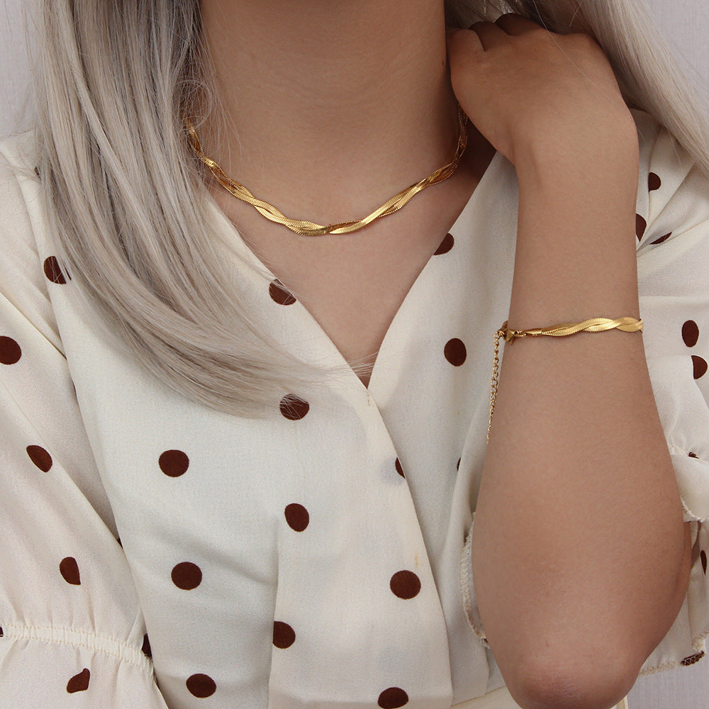 Double Blade Chain, worn on model