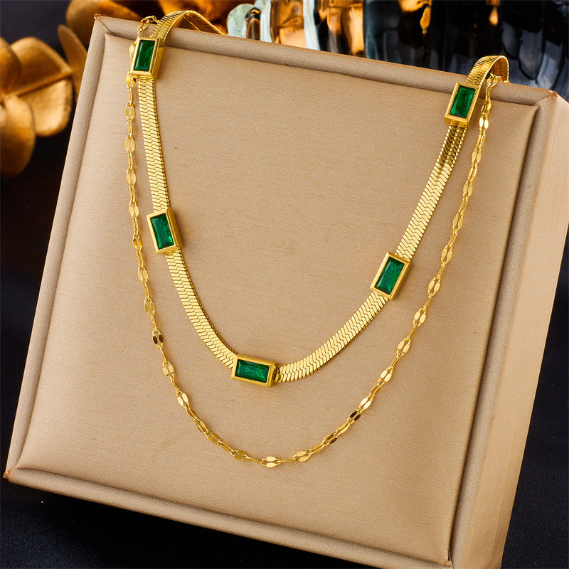 Stacked Blade Necklace, green stone, front view