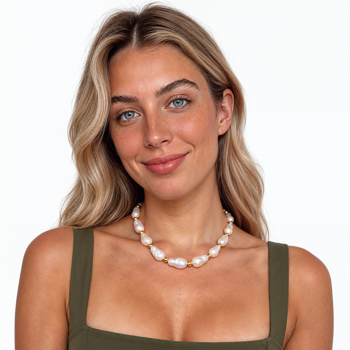 Baroque Pearl Necklace worn by model on a white background