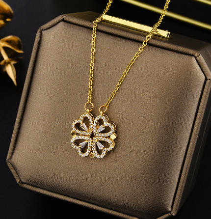 Clover and Heart Necklace, silver tone