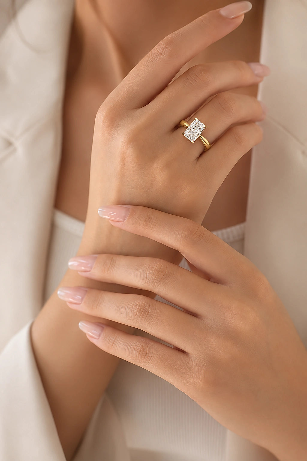 Radiant Cut Lab Diamond Ring worn on hand